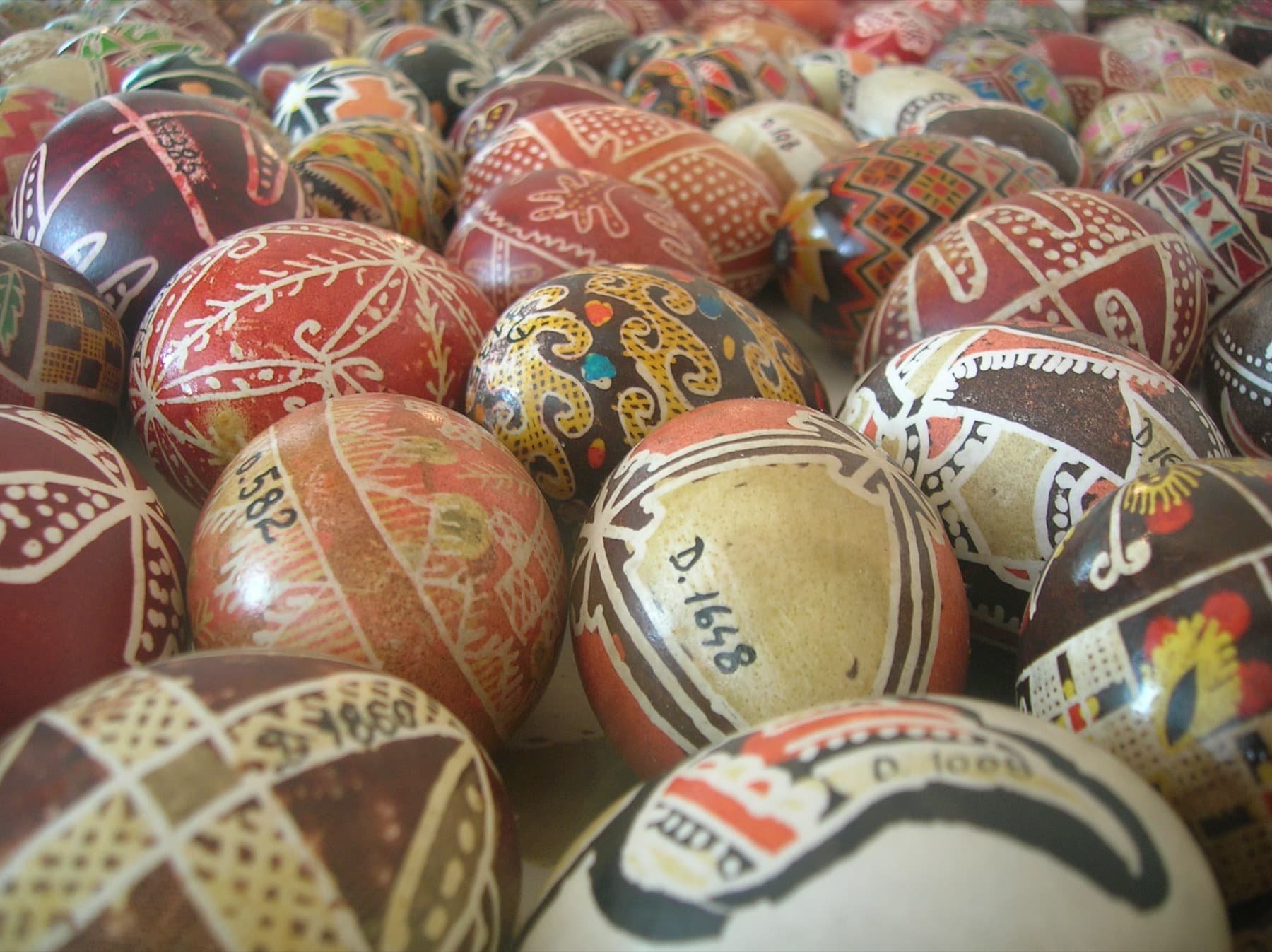 Bucovina painted eggs decorated with traditional motifs.