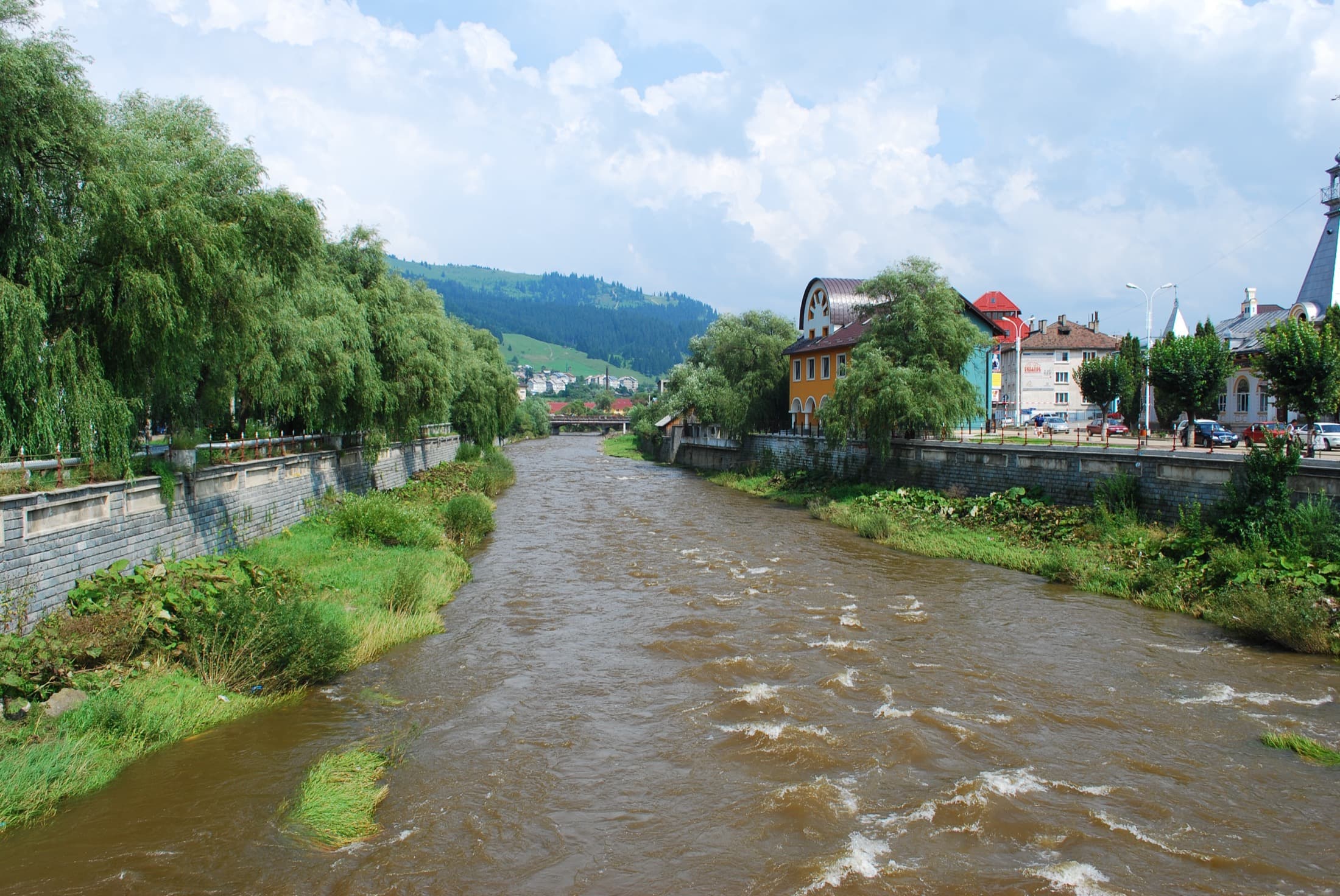 The Dorna river crossing Vatra Dornei, with buildings and hills in the background.